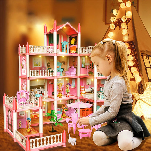 Dream DollHouse Castle PrincessToys House DIY Kit For Children Building Big Villas Furniture Miniature Doll Xmas Birthday Gifts